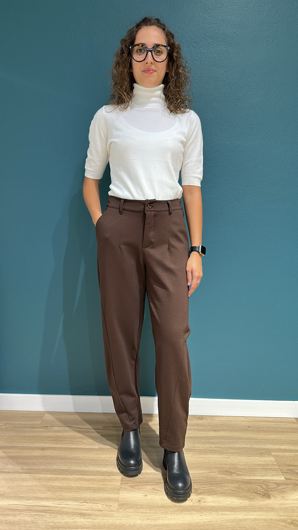PANTALONE EMMA BARREL IN PUNTO MILANO - CIOCCOLATO