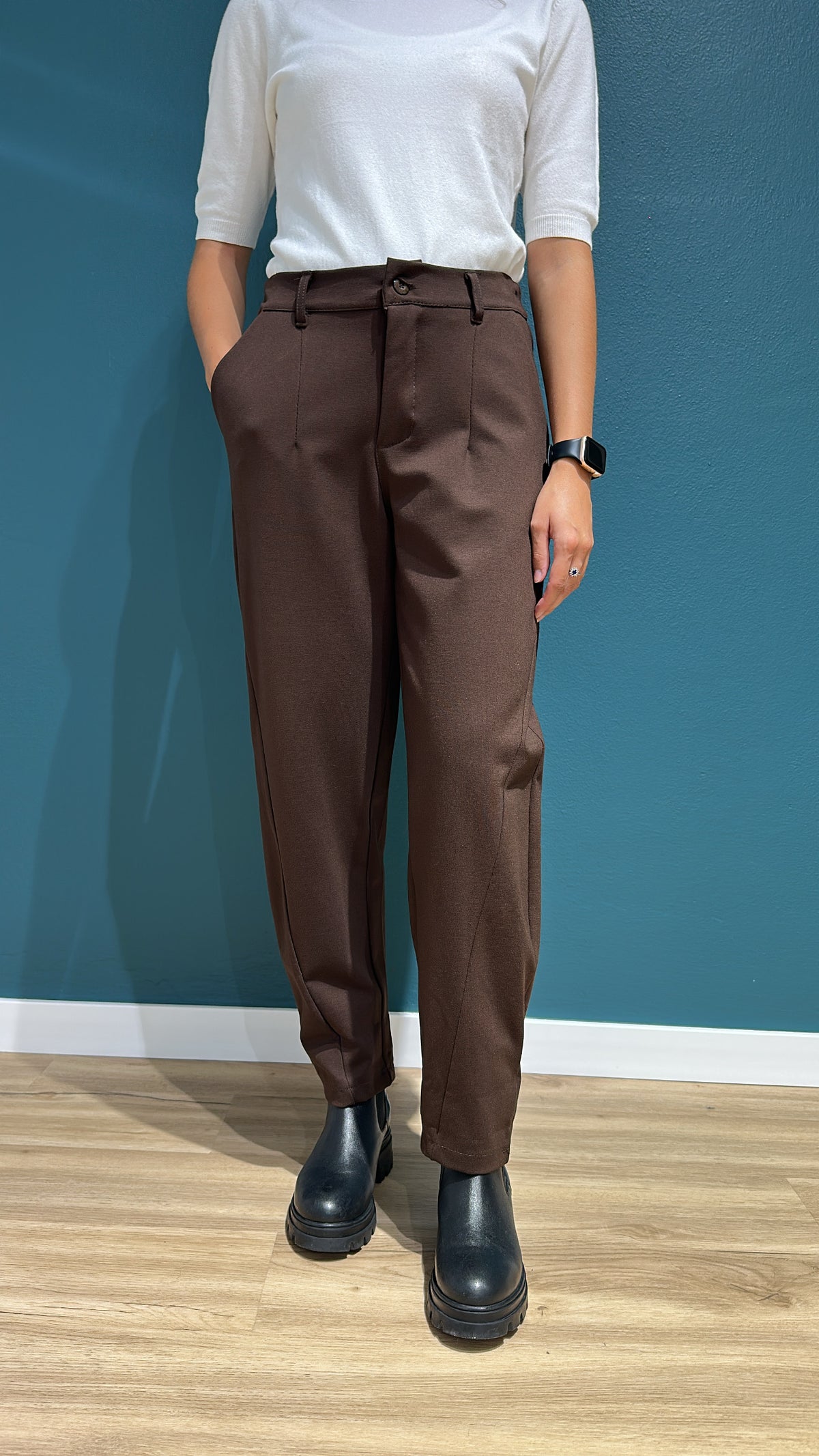PANTALONE EMMA BARREL IN PUNTO MILANO - CIOCCOLATO