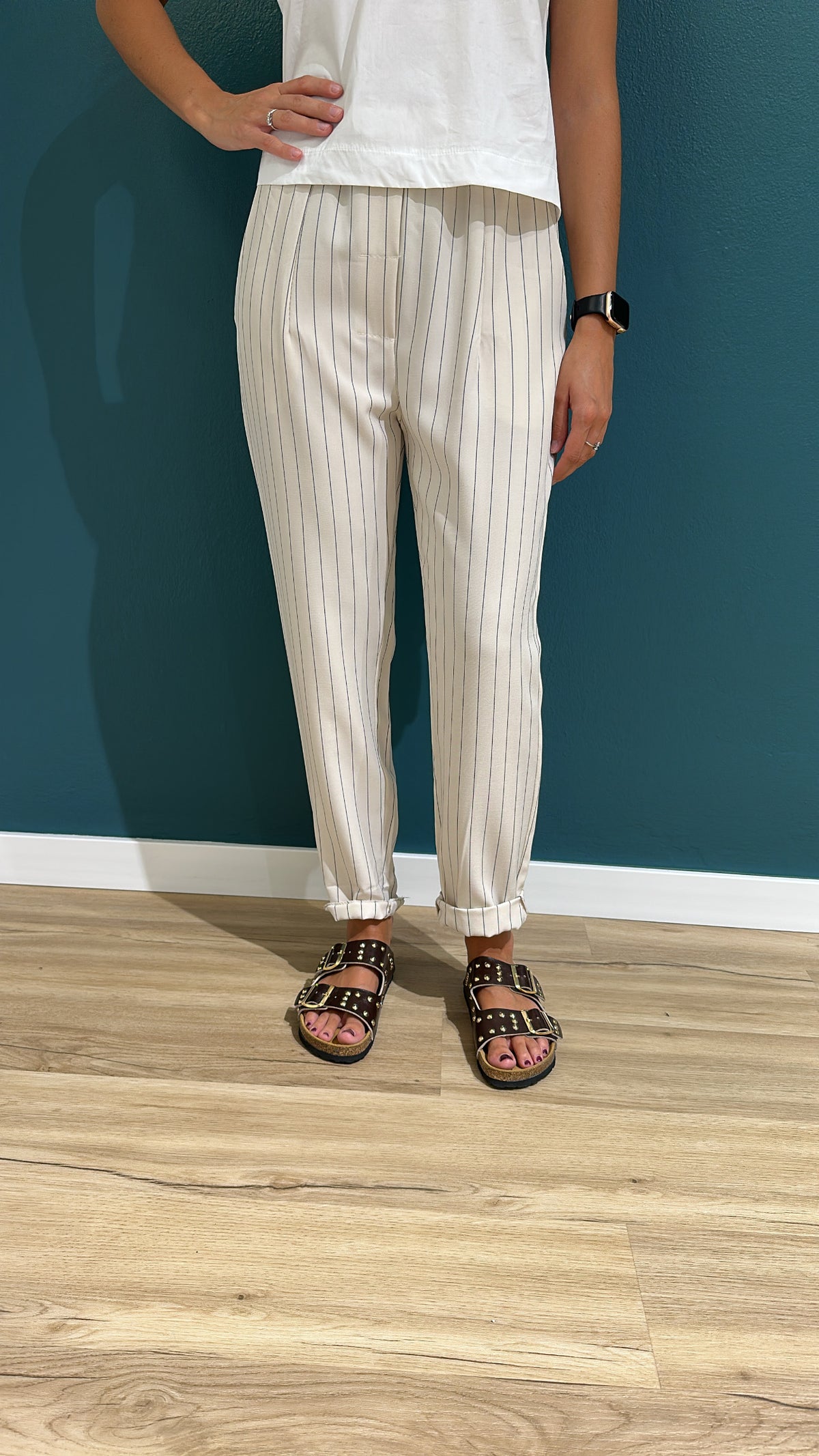 PANTALONE A SIGARETTA GESSATO - PANNA E RIGA NERA