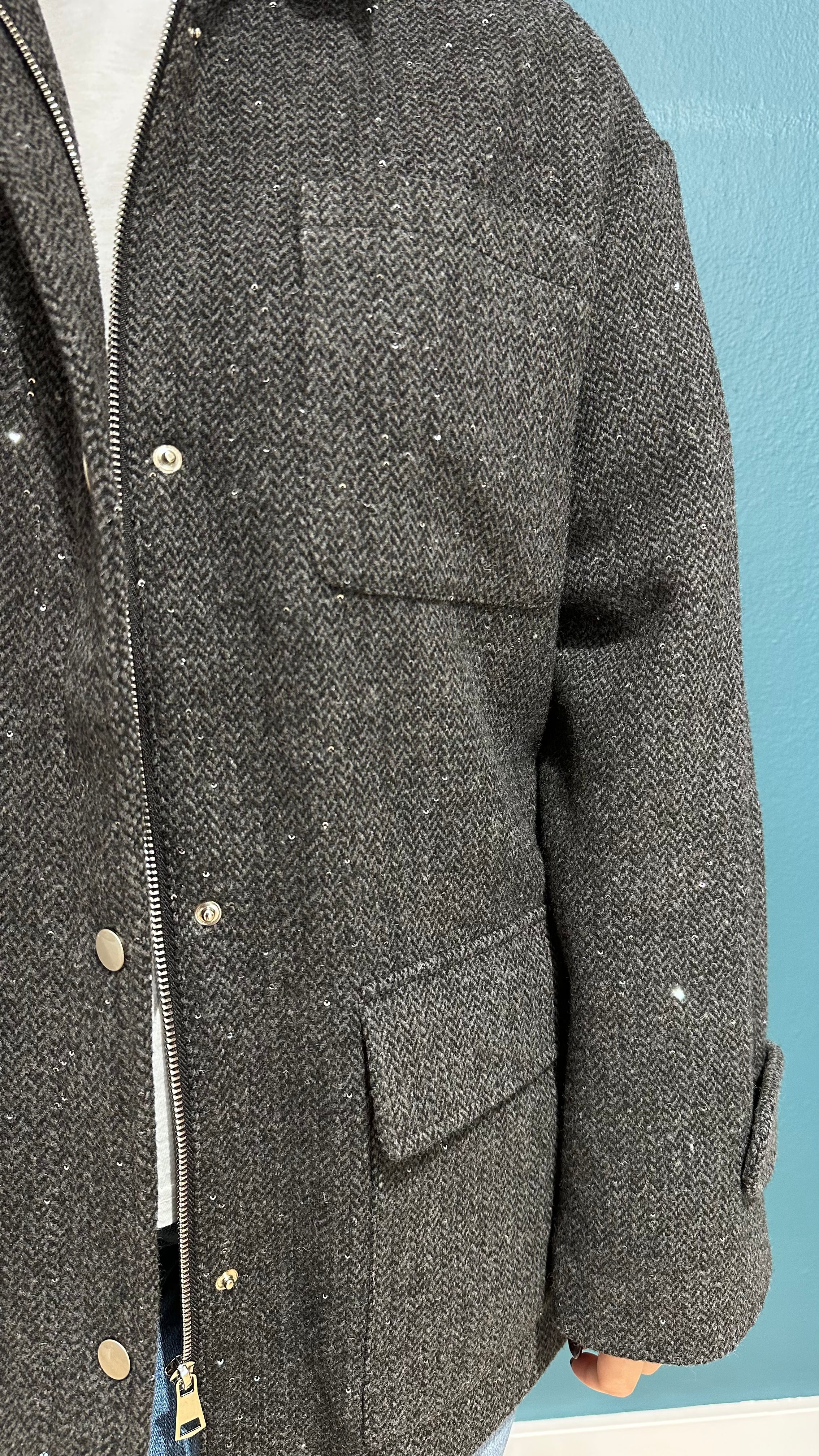 BOMBER CON PAILLETTES - GRIGIO E NERO EFFETTO SPINATO - MEME ROAD
